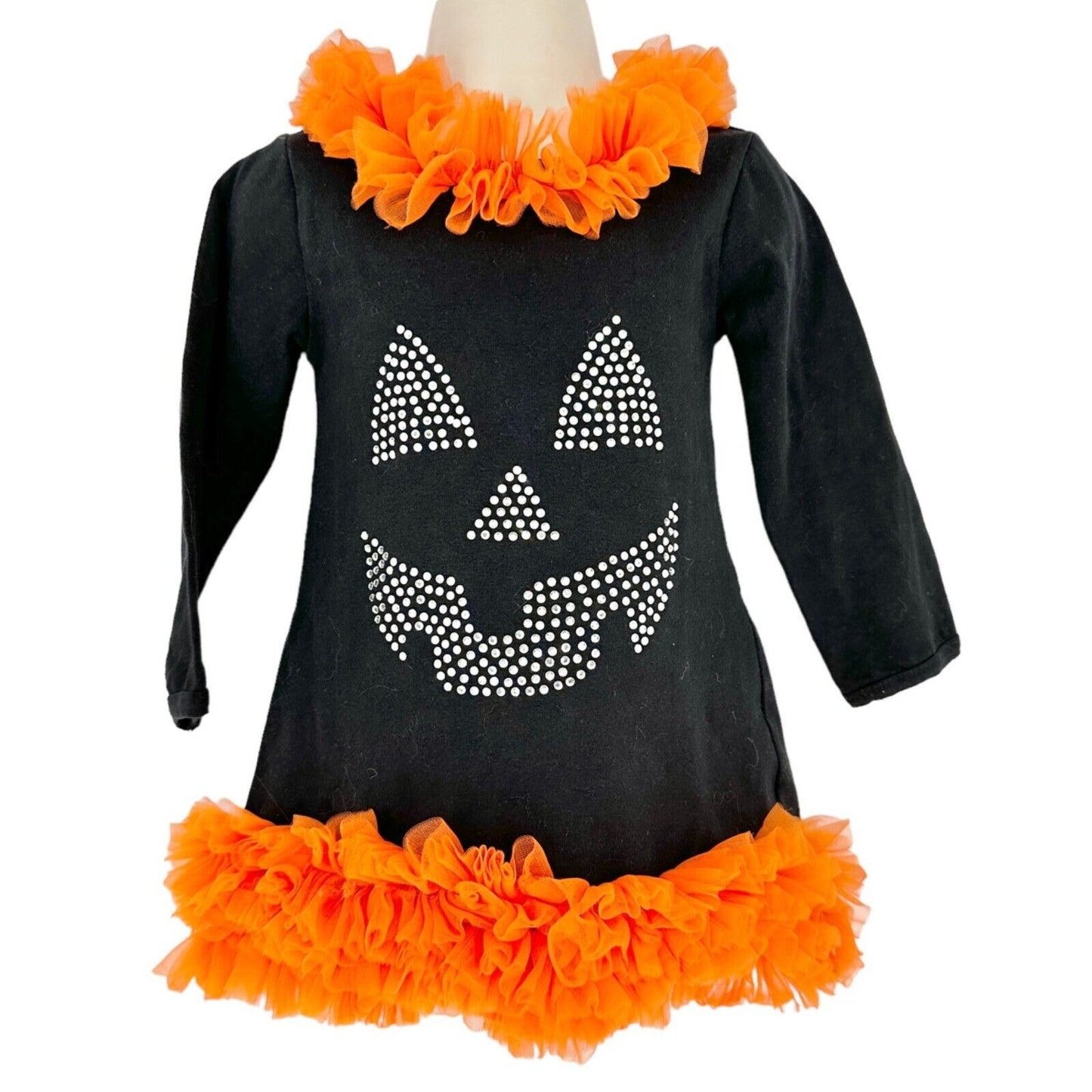 Halloween Girls Small Dress Black Bling Pumpkin Face Orange Tulle Trim