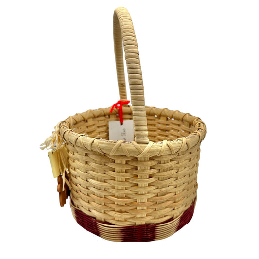 Handmade Basket Gingerbread Trio Round with Wrapped Handle Burgundy Accent