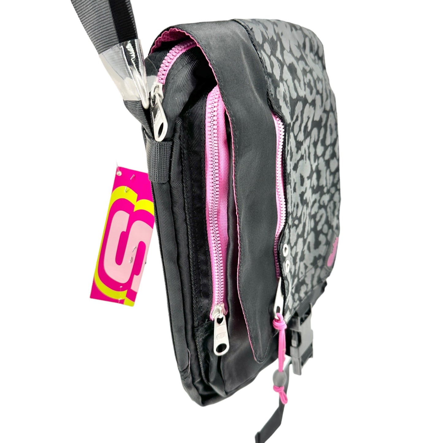 Skechers Messenger Bag Black Leopard Print Pink Accents Adjustable Strap