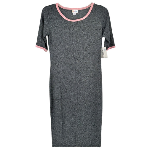 LuLaRoe Retired Julia Dress XS Heathered Gray w Pink Trim Neck SS Form Fit NWT