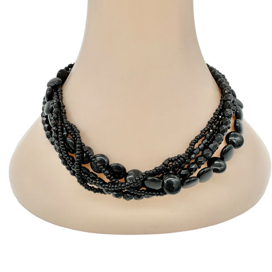 Cato Multi-Strand Black Beaded Necklace Adjustable from 15"-18" Lobster Clasp