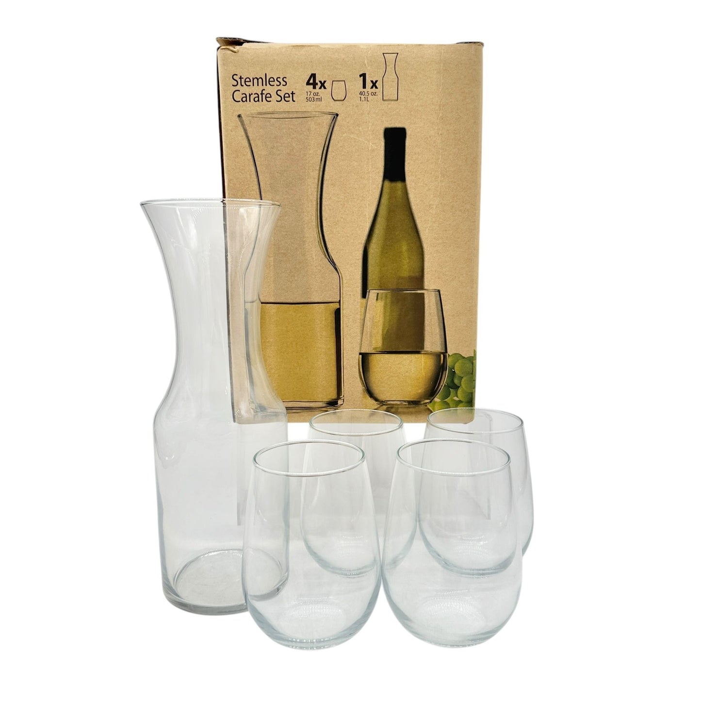 Stemless Carafe Set NIB 4 Glasses 17 Oz and 40.5 Oz Clear Glass Beverageware