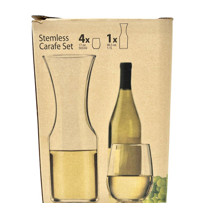 Stemless Carafe Set NIB 4 Glasses 17 Oz and 40.5 Oz Clear Glass Beverageware