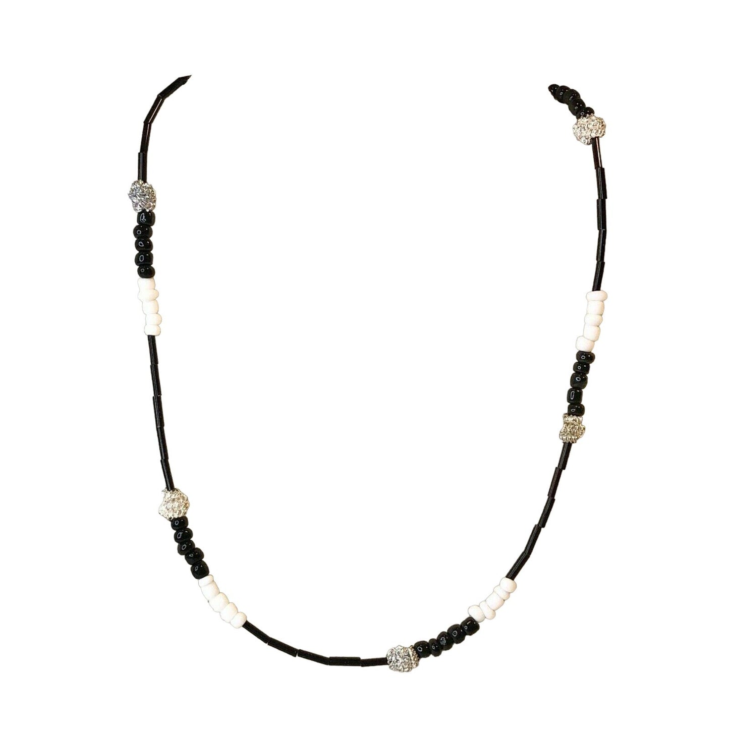 Handcrafted Beaded Necklace White, Black & Silver Beads Simply Elegant NEW