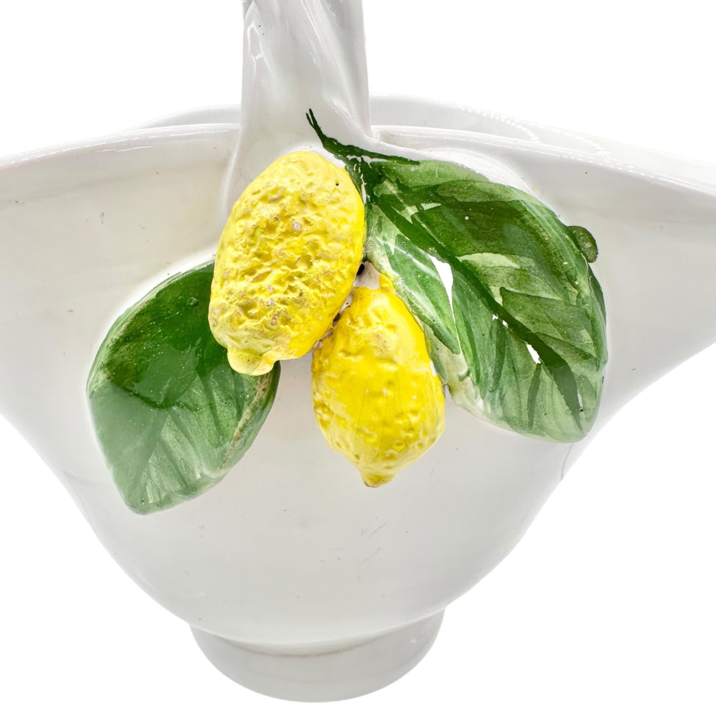 Handmade Ceramic Pottery Basket White with Lemon Leaf Design Vallauris France