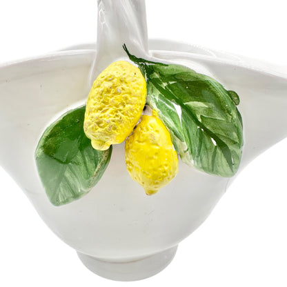 Handmade Ceramic Pottery Basket White with Lemon Leaf Design Vallauris France
