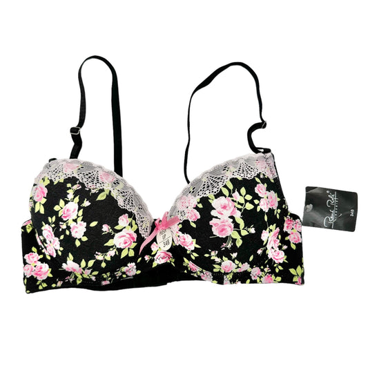 Rene Rofe Lingerie Bra 34B Push-Up Padded Black Pink Roses Adj Removable Straps