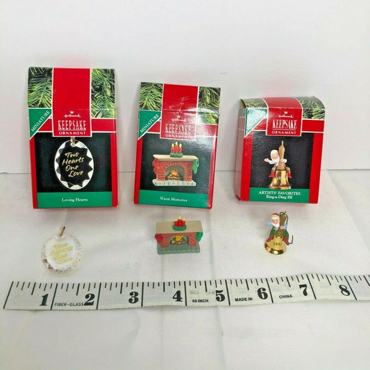 Hallmark Keepsake Lot of 3 Miniature Ornaments Bell Elf Fireplace Loving Hearts