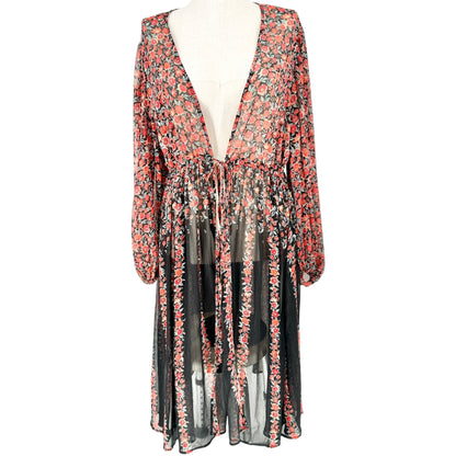 Torrid 3 Sheer Kimono Black Red Floral LS Crinkle Fabric Drawstring Waist 22-24