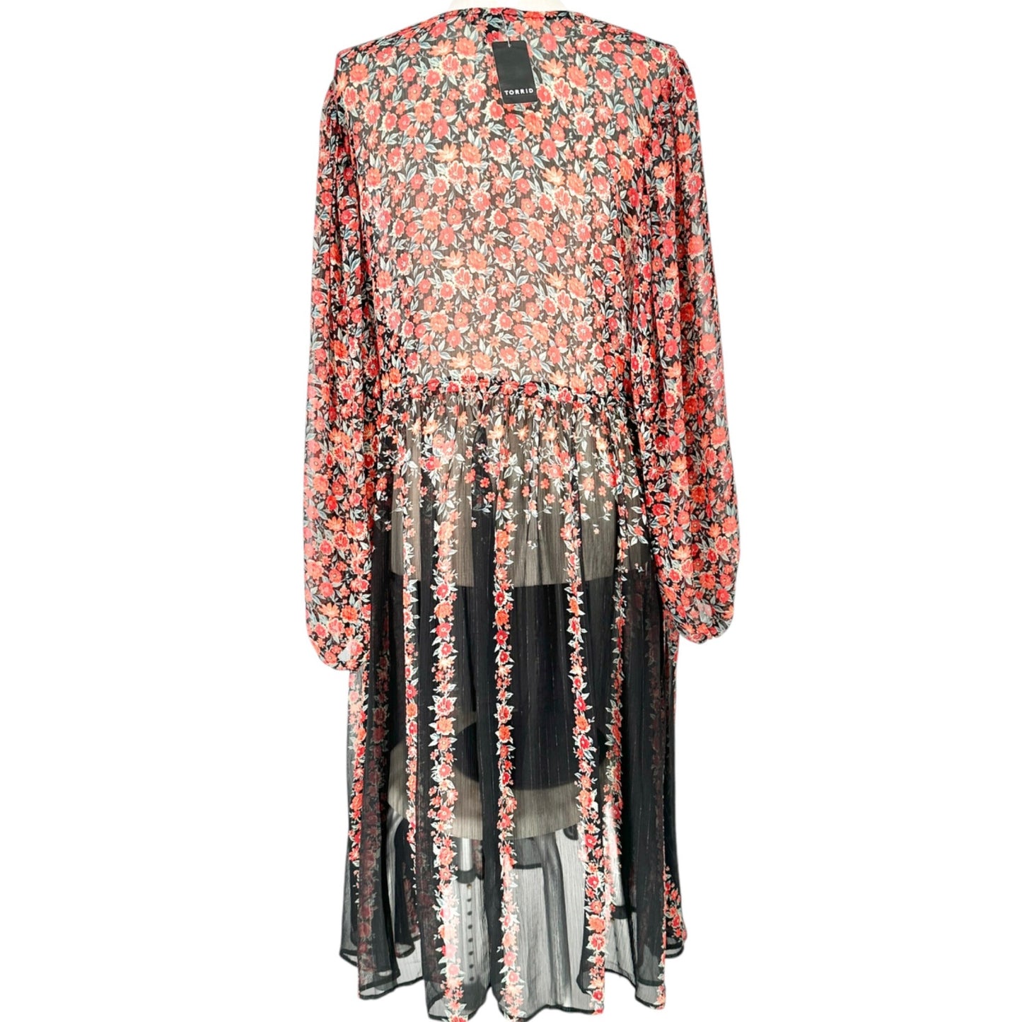 Torrid 3 Sheer Kimono Black Red Floral LS Crinkle Fabric Drawstring Waist 22-24