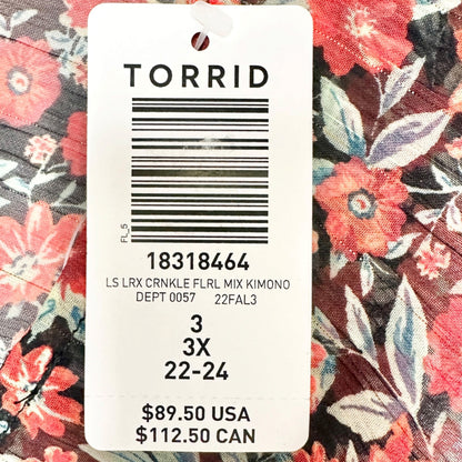 Torrid 3 Sheer Kimono Black Red Floral LS Crinkle Fabric Drawstring Waist 22-24