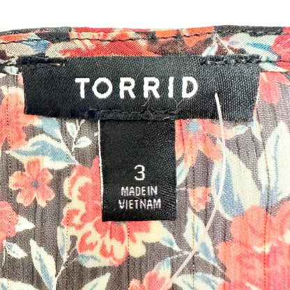 Torrid 3 Sheer Kimono Black Red Floral LS Crinkle Fabric Drawstring Waist 22-24