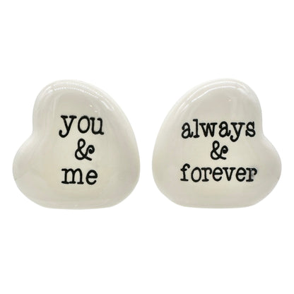Salt and Pepper Shakers White Ceramic Hearts You & Me and Always & Forever Text