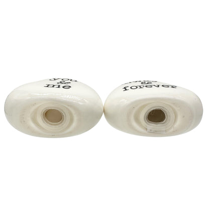 Salt and Pepper Shakers White Ceramic Hearts You & Me and Always & Forever Text