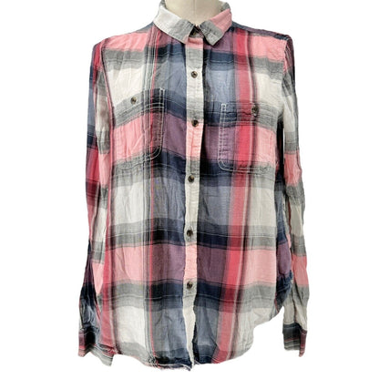 Mudd Shirt Womens Large Blue Pink Plaid Button Front Chest Pockets Long Sleeve