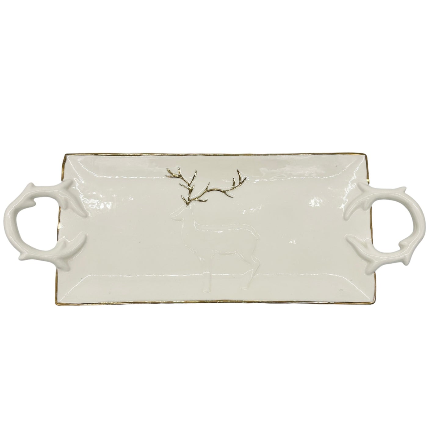 Magenta Serving Tray With Antler Handles Deer Accent Ceramic White Gold