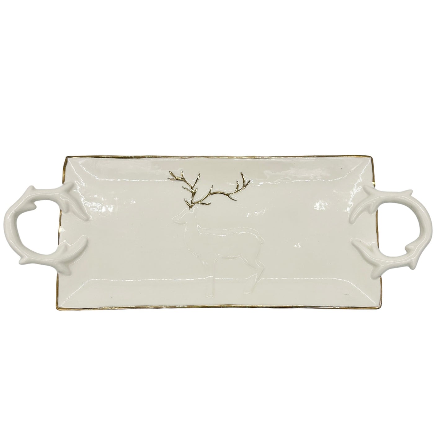 Magenta Serving Tray With Antler Handles Deer Accent Ceramic White Gold