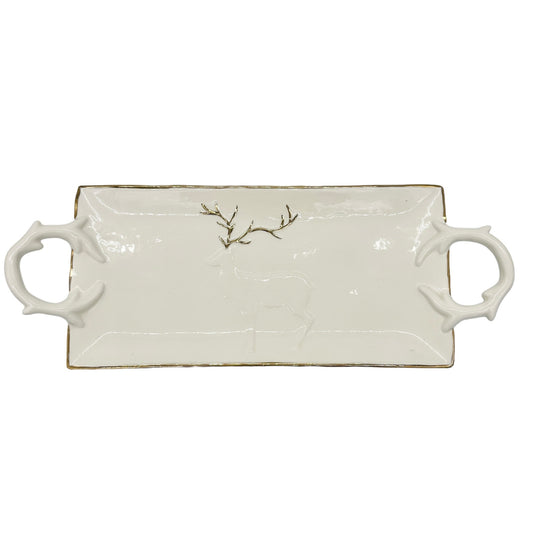 Magenta Serving Tray With Antler Handles Deer Accent Ceramic White Gold