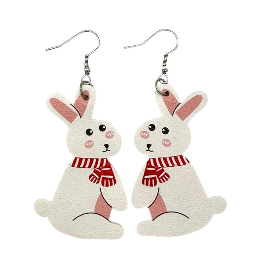 Two pairs Easter Earrings Bunny Rabbit w Red Scarf Easter Eggs Red Blue Yellow