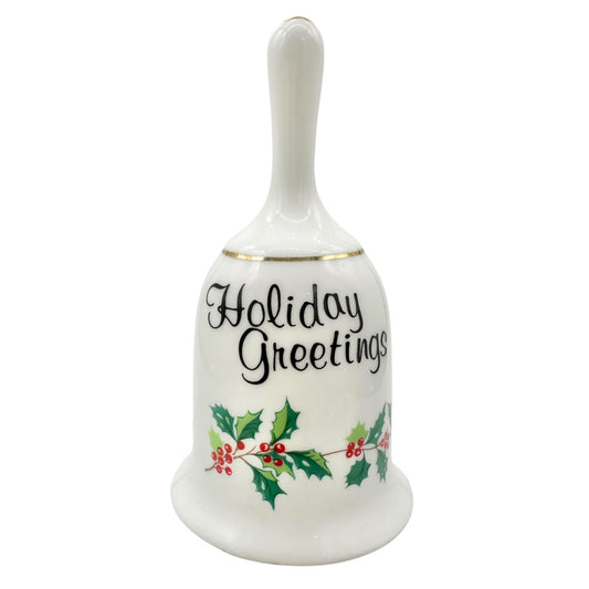 Holiday Greetings Bell Genuine Bone China With Holly Pattern and Gold Trim 5" H