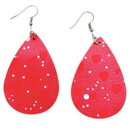 Red Faux Leather Earrings Hearts Polka Dots Pattern Love Valentines Day 3" Drop