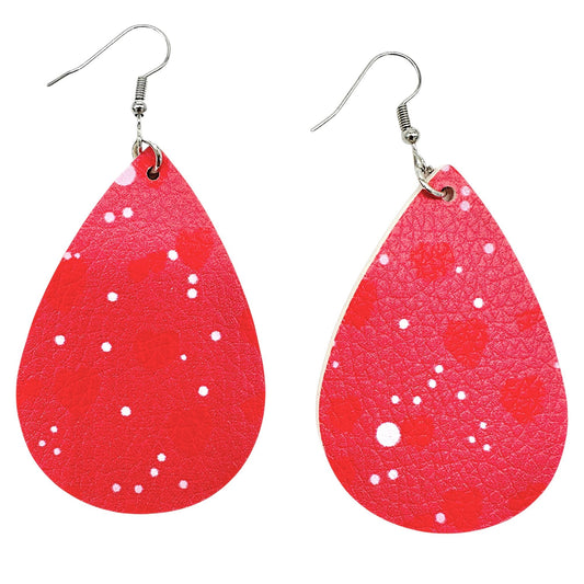 Red Faux Leather Earrings Hearts Polka Dots Pattern Love Valentines Day 3" Drop