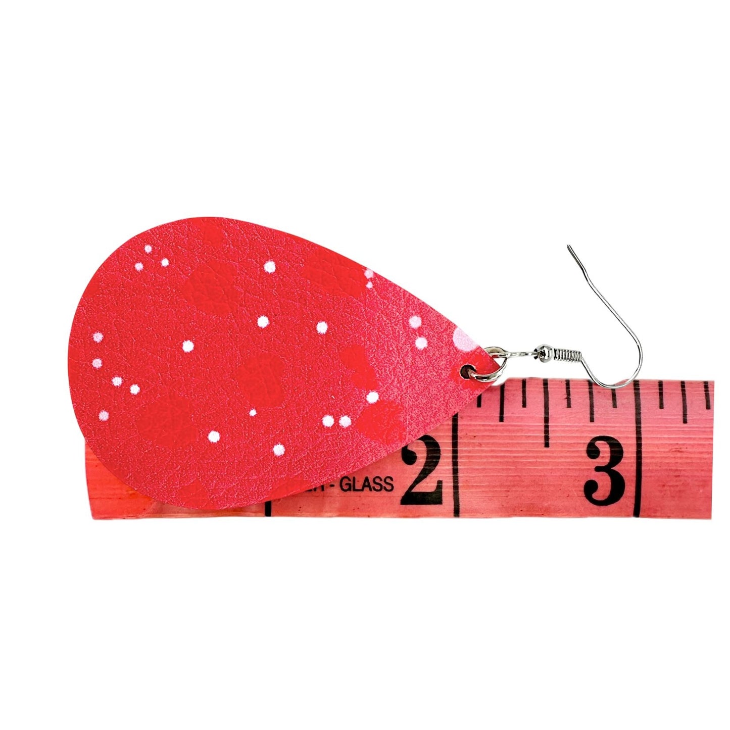 Red Faux Leather Earrings Hearts Polka Dots Pattern Love Valentines Day 3" Drop