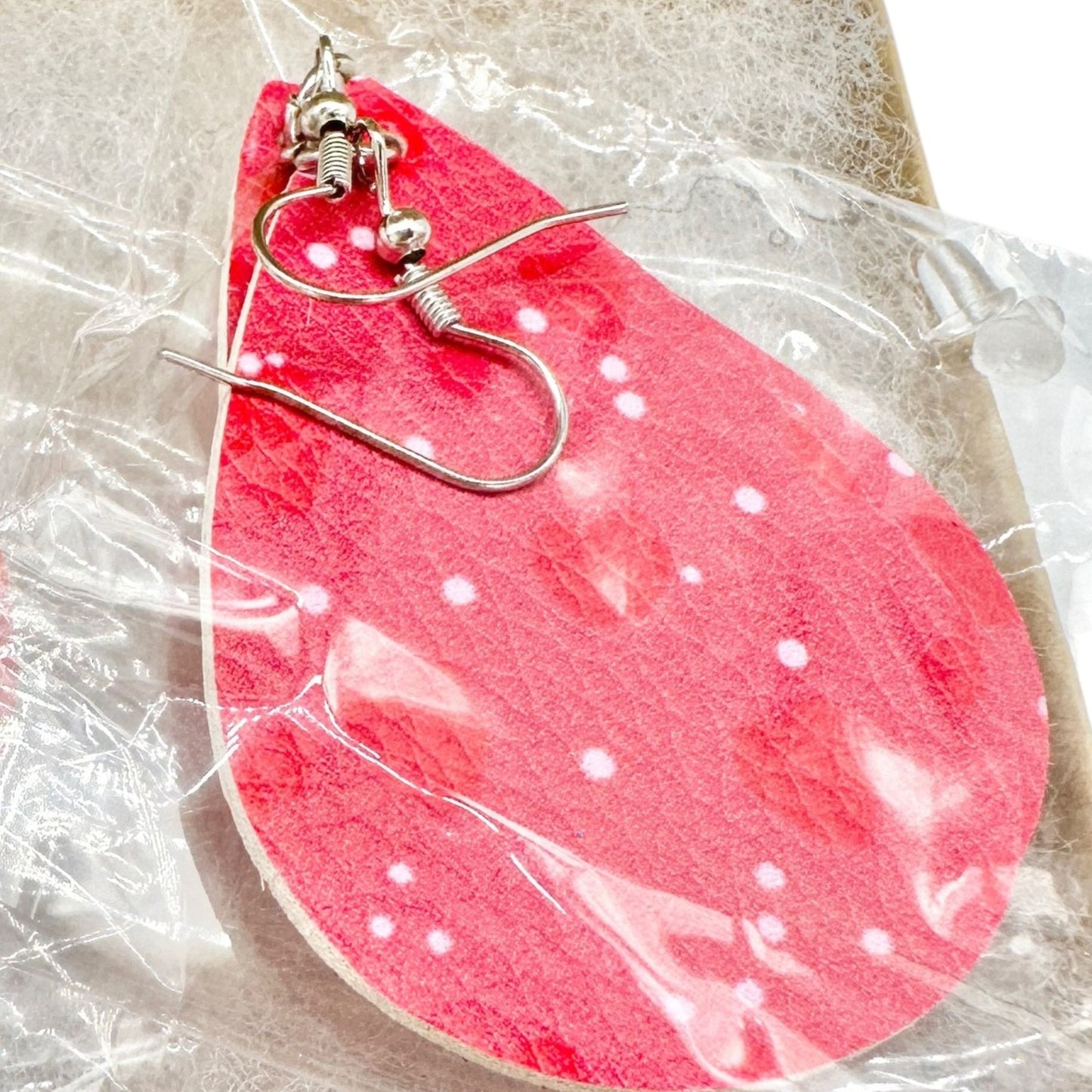 Red Faux Leather Earrings Hearts Polka Dots Pattern Love Valentines Day 3" Drop