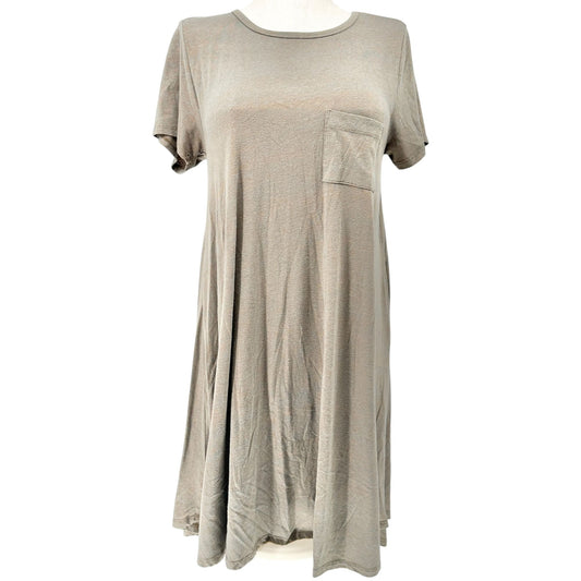 LuLaRoe Carly Dress Womens L Heather Brown SS Flowy Chest Pocket High-Low Hem
