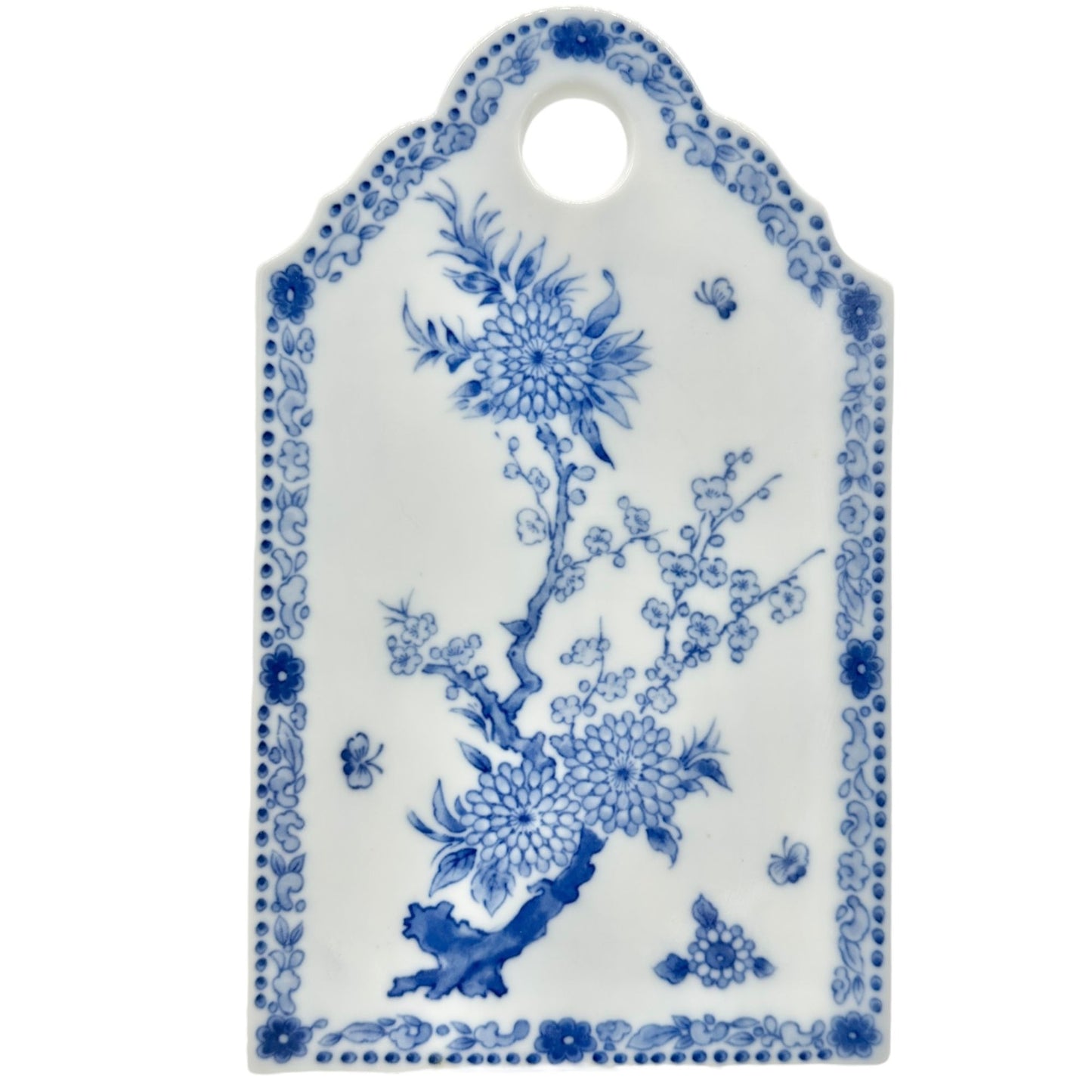 Vintage Blue White Porcelain Cheese Board Floral Design Hanging Hole Rectangular