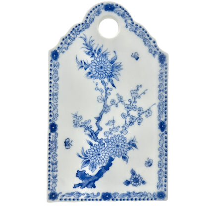 Vintage Blue White Porcelain Cheese Board Floral Design Hanging Hole Rectangular