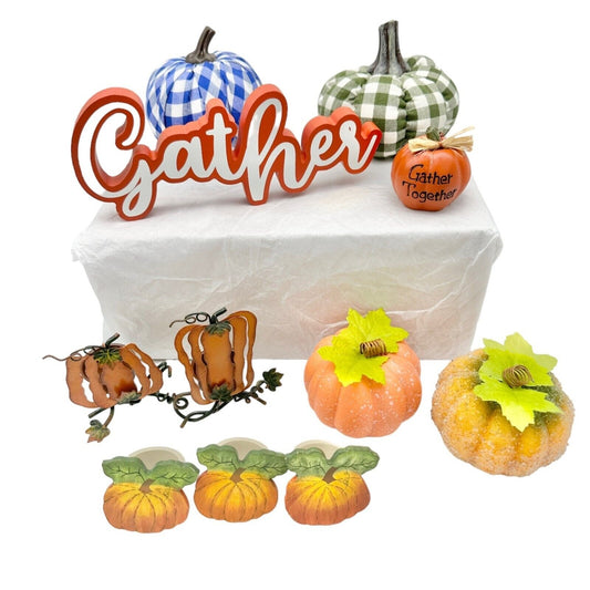 Autumn Fall 11pc Decor Bundle Sign Various Pumpkins Napkin Rings Votive Holders