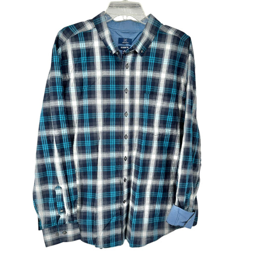 George Classic Fit Plaid Shirt Mens 2XL 50-52 Blue Gray LS Button-Down Collar