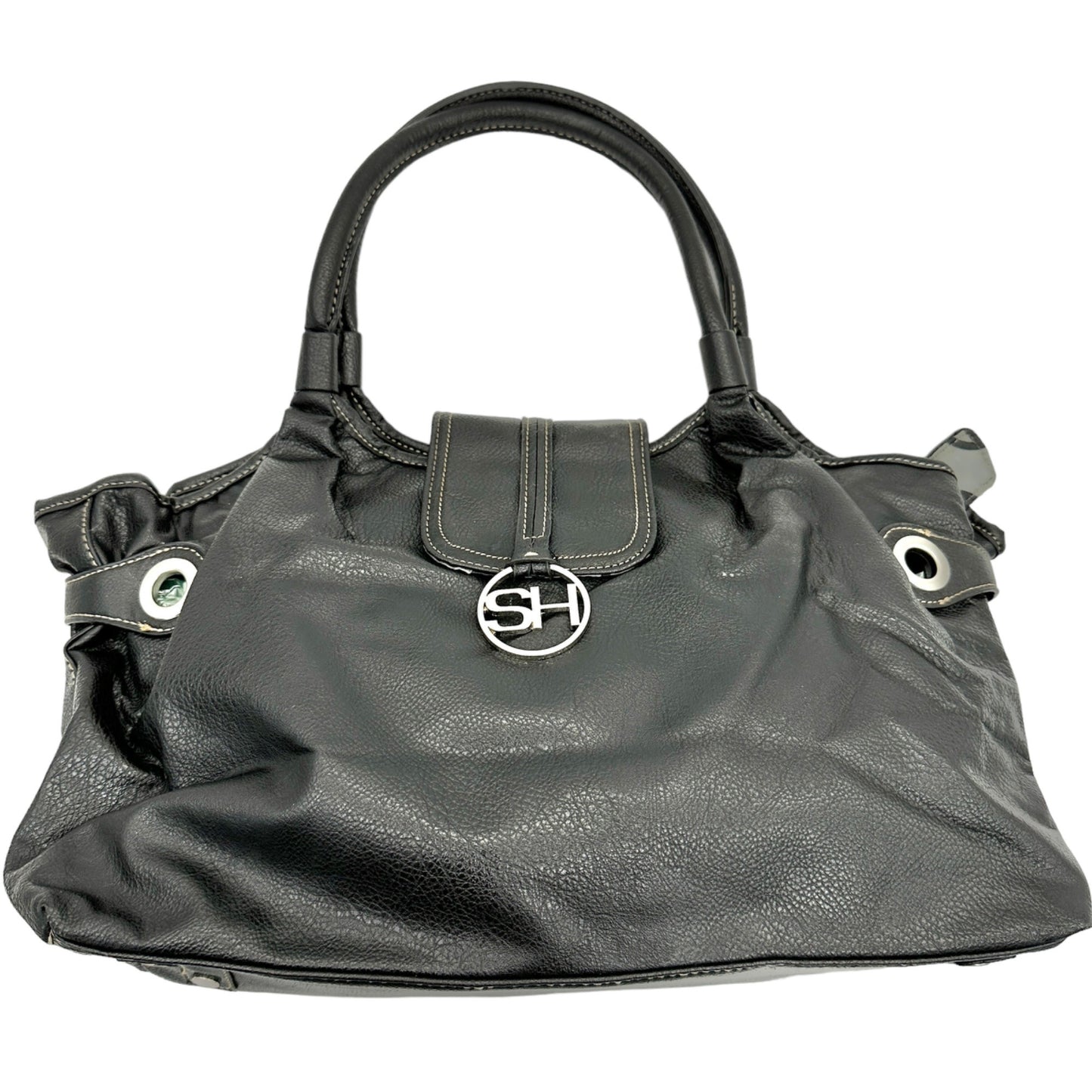 Sag Harbor Handbag  Black Faux Leather Double Handles Silver Hardware