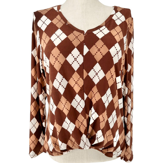 Inner Circle Blouse Womens XL Brown Argyle Print Soft Stretchy Long Sleeves