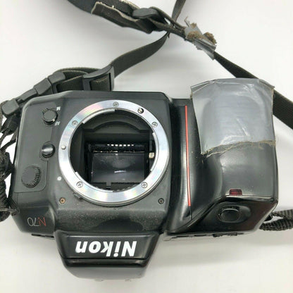 Nikon N70 35mm Film Camera Without Lens Works Duct Tape Holding Film Cover Close