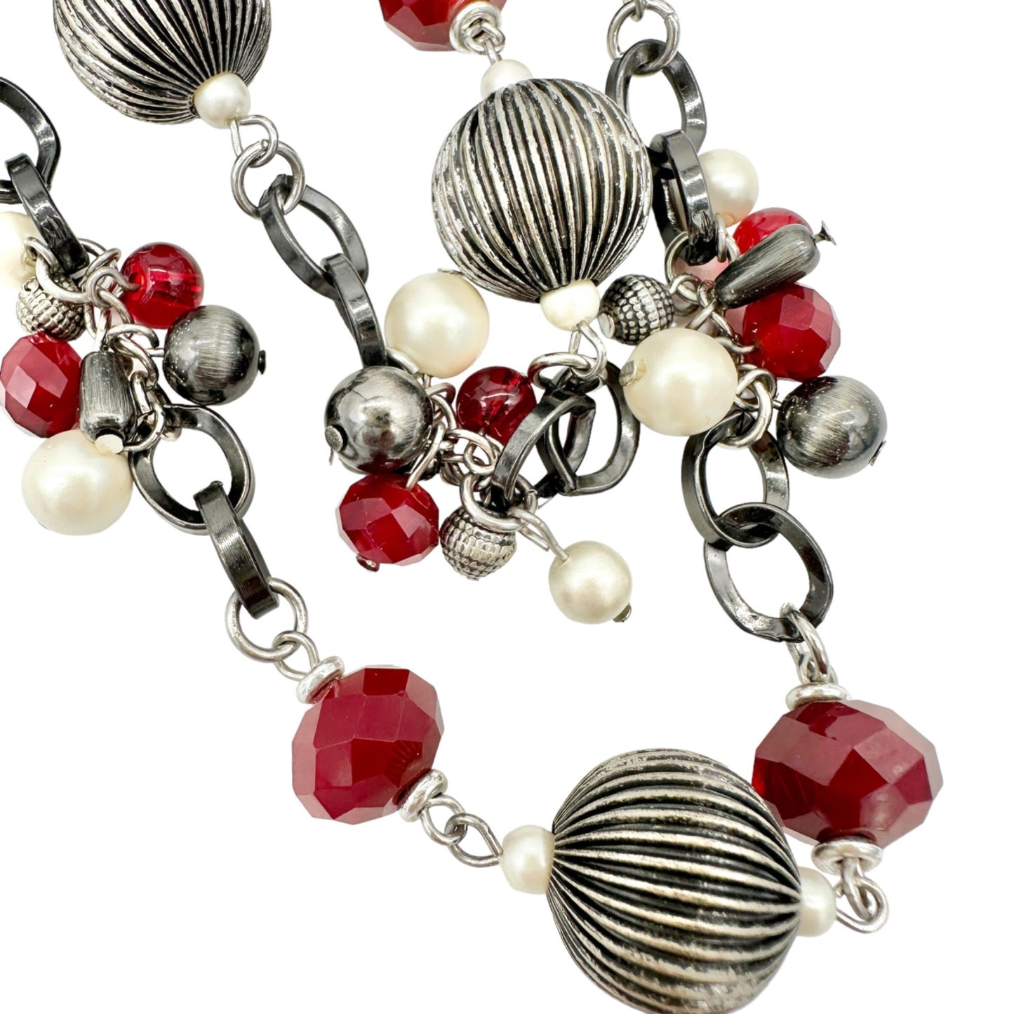 Vintage Premier Designs Necklace Red White Silvertone Multi-Strand Chunky Chain