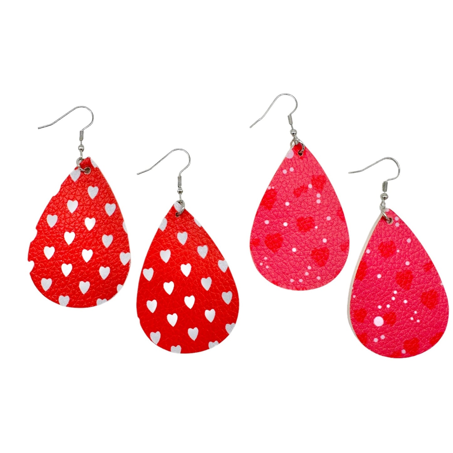 Two Pairs of Valentines Earrings Hearts Teardrop Red White Pink Faux Leather NEW