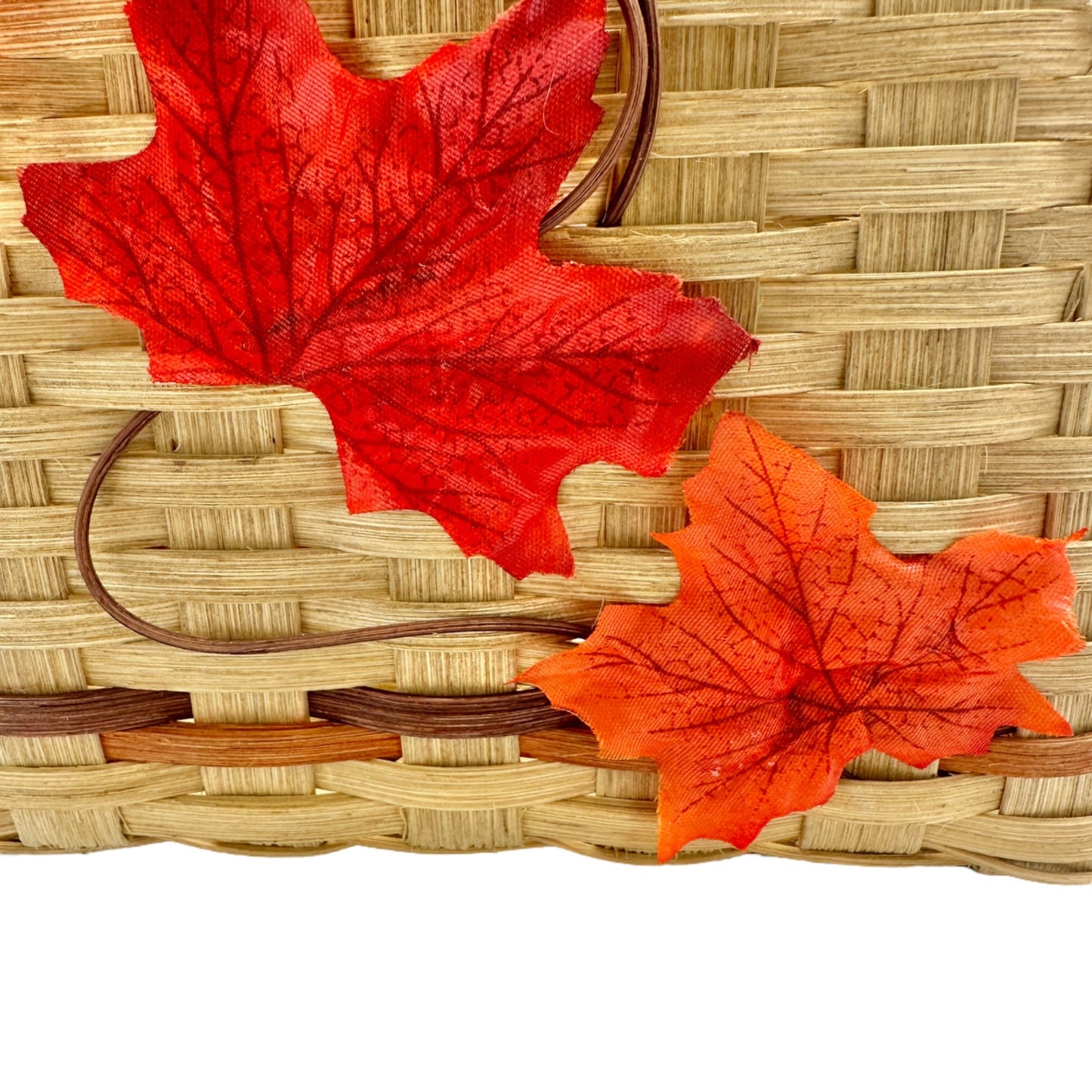 Handmade Basket Falling Leaves Oval Shaped with Handle and Leaves Decoration on Front