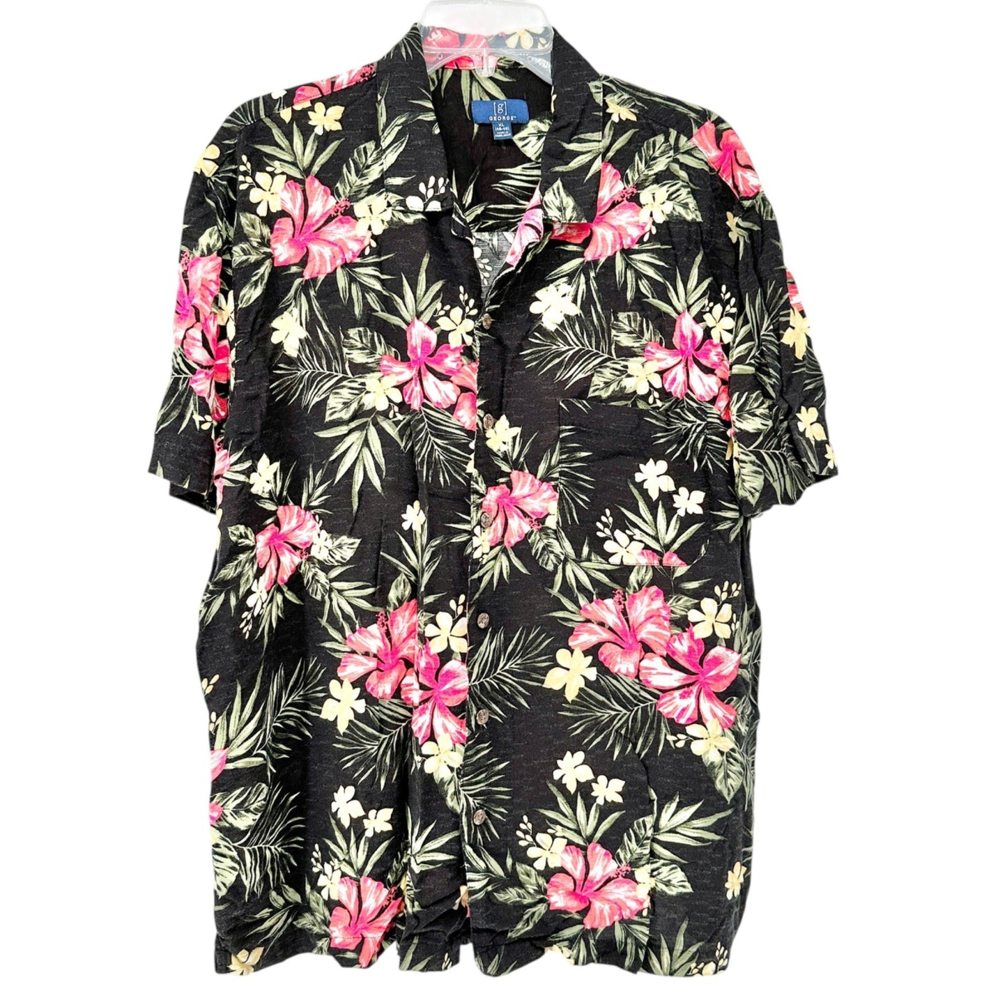 George Hawaiian Shirt Mens XL Black With Pink Floral Print Rayon SS Button-Up