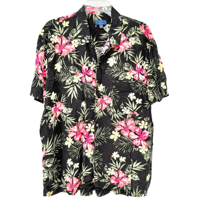 George Hawaiian Shirt Mens XL Black With Pink Floral Print Rayon SS Button-Up