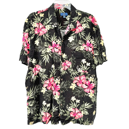 George Hawaiian Shirt Mens XL Black With Pink Floral Print Rayon SS Button-Up