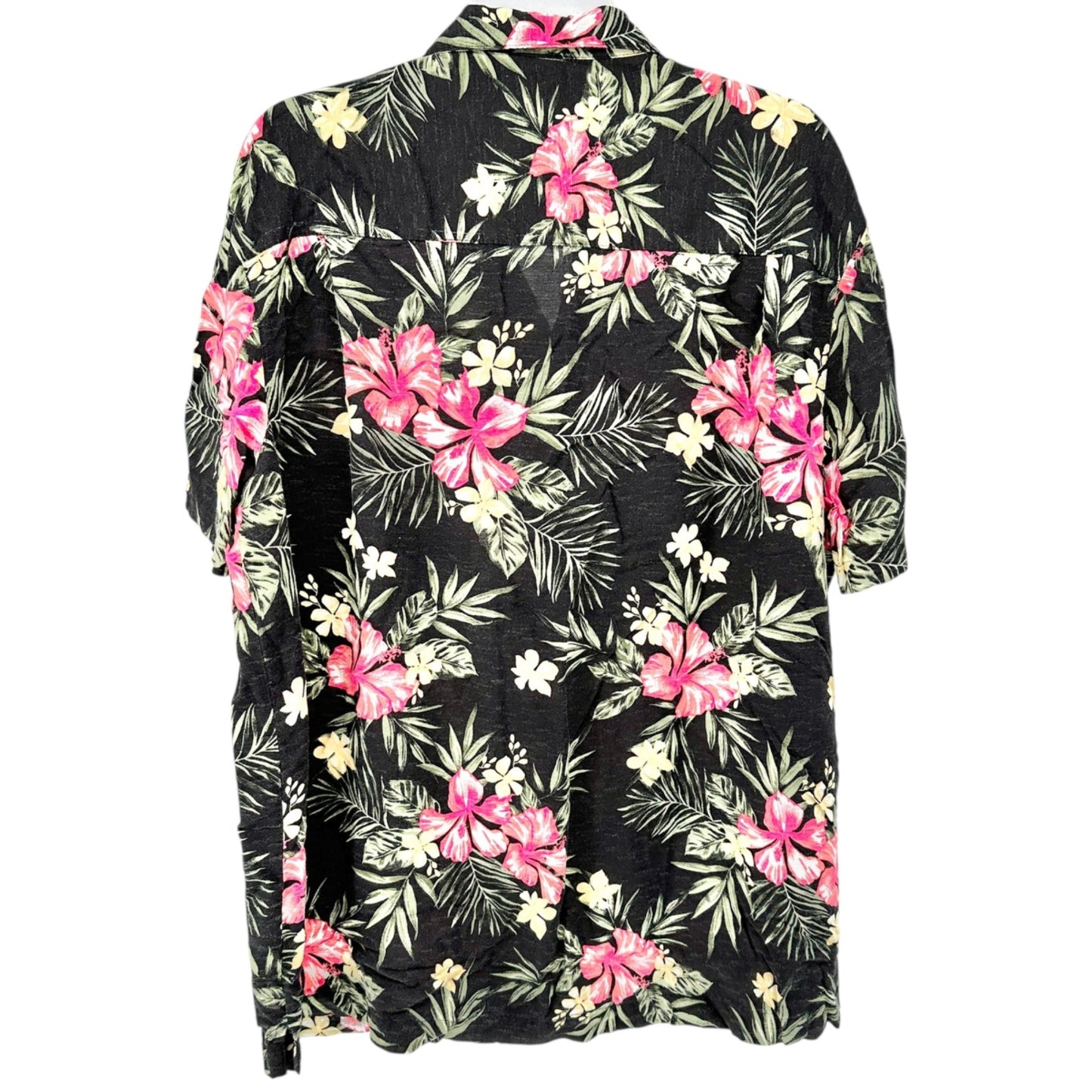 George Hawaiian Shirt Mens XL Black With Pink Floral Print Rayon SS Button-Up
