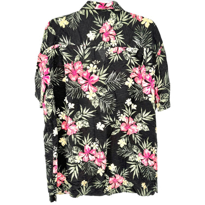 George Hawaiian Shirt Mens XL Black With Pink Floral Print Rayon SS Button-Up
