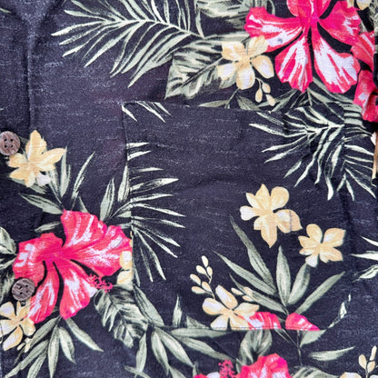 George Hawaiian Shirt Mens XL Black With Pink Floral Print Rayon SS Button-Up