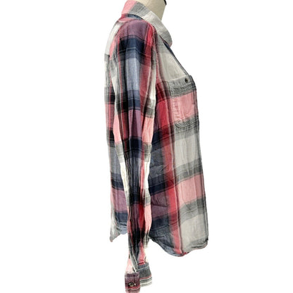 Mudd Shirt Womens Large Blue Pink Plaid Button Front Chest Pockets Long Sleeve
