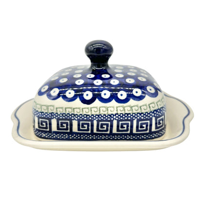 Handmade Boleslawiec Polish Pottery Butter Dish w Lid Blue+White Pattern 8.5 x 6