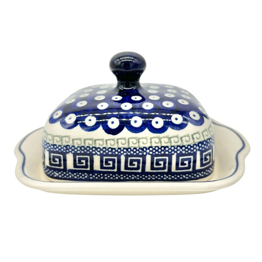 Handmade Boleslawiec Polish Pottery Butter Dish w Lid Blue+White Pattern 8.5 x 6