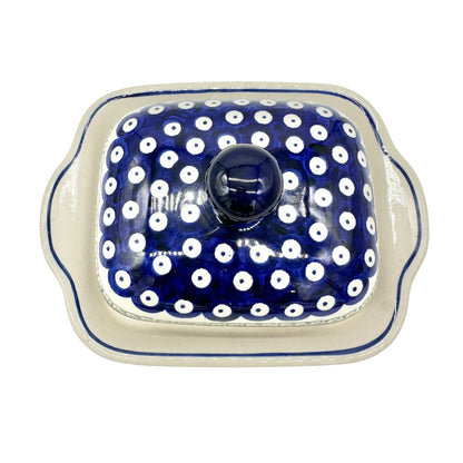 Handmade Boleslawiec Polish Pottery Butter Dish w Lid Blue+White Pattern 8.5 x 6