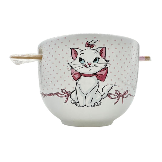 Disney Marie Aristocats Ceramic Ramen Bowl and Chopsticks Set White Pink Dots